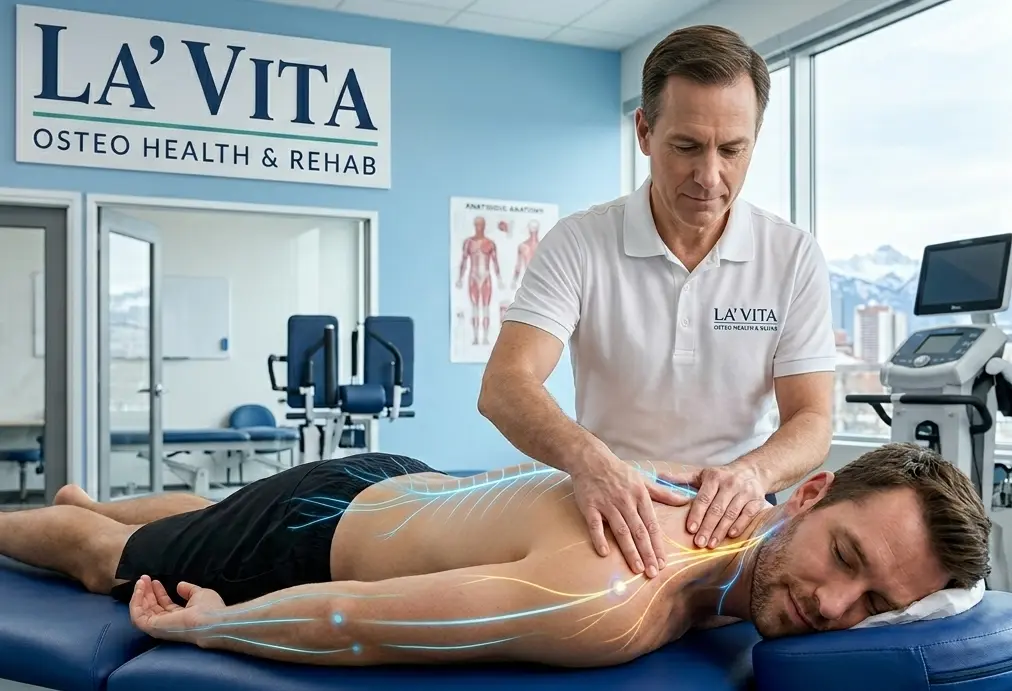 Neuro Massage therapy session in Calgary helping relieve nerve pain and improve mobility at La' Vita Osteo Health & Rehab.