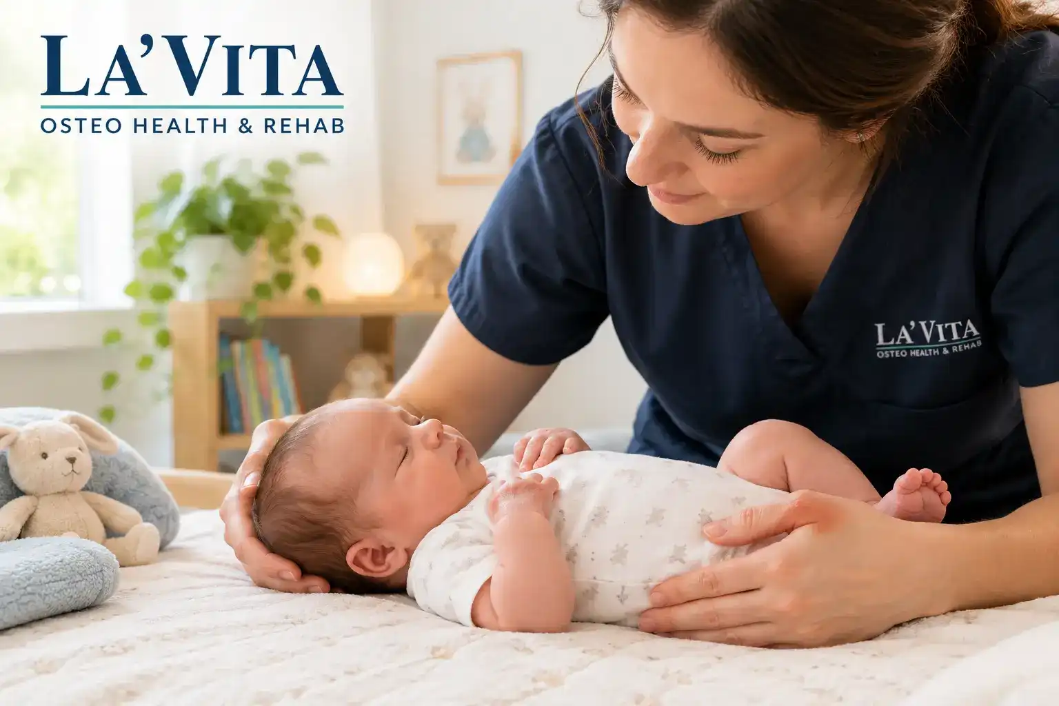 Infant osteopathy gentle session with osteopath holding newborn