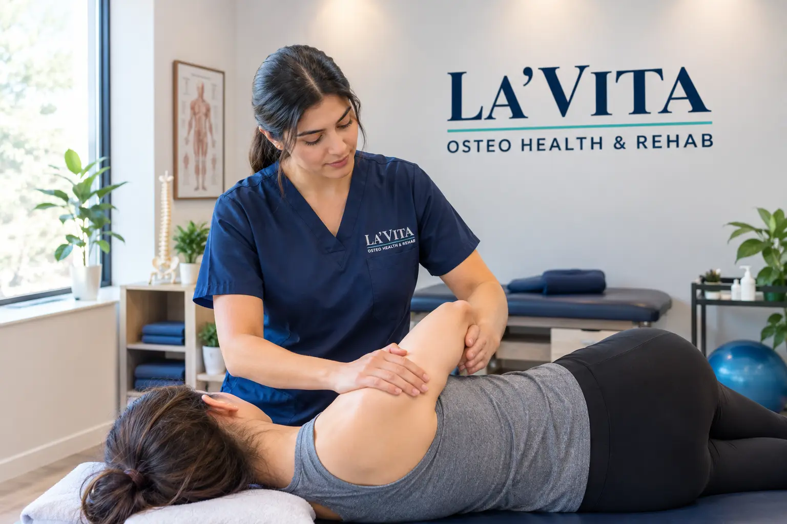 Direct billing for manual therapy at La’ Vita Osteo Health & Rehab in Calgary, with a therapist treating a patient.